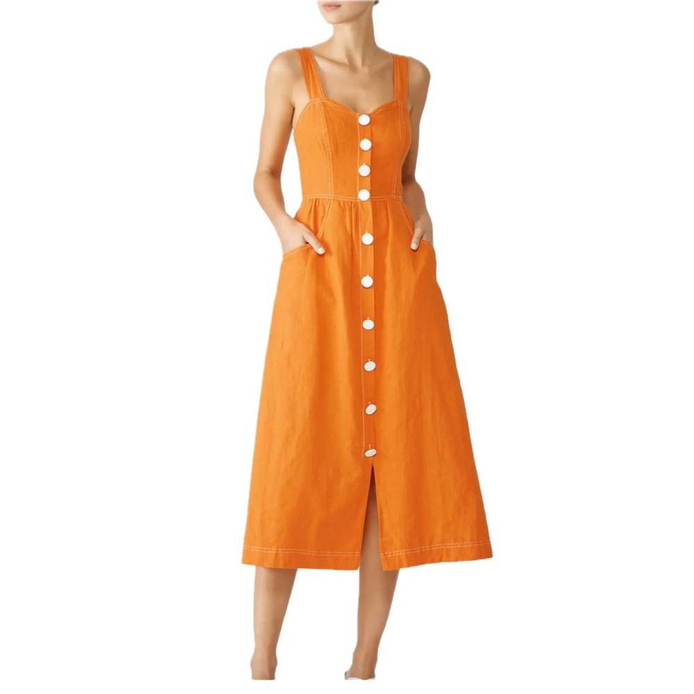 La Maison Talulah Orange Ablaze White  Big Button Midi Linen Cotton Dress Sz XL